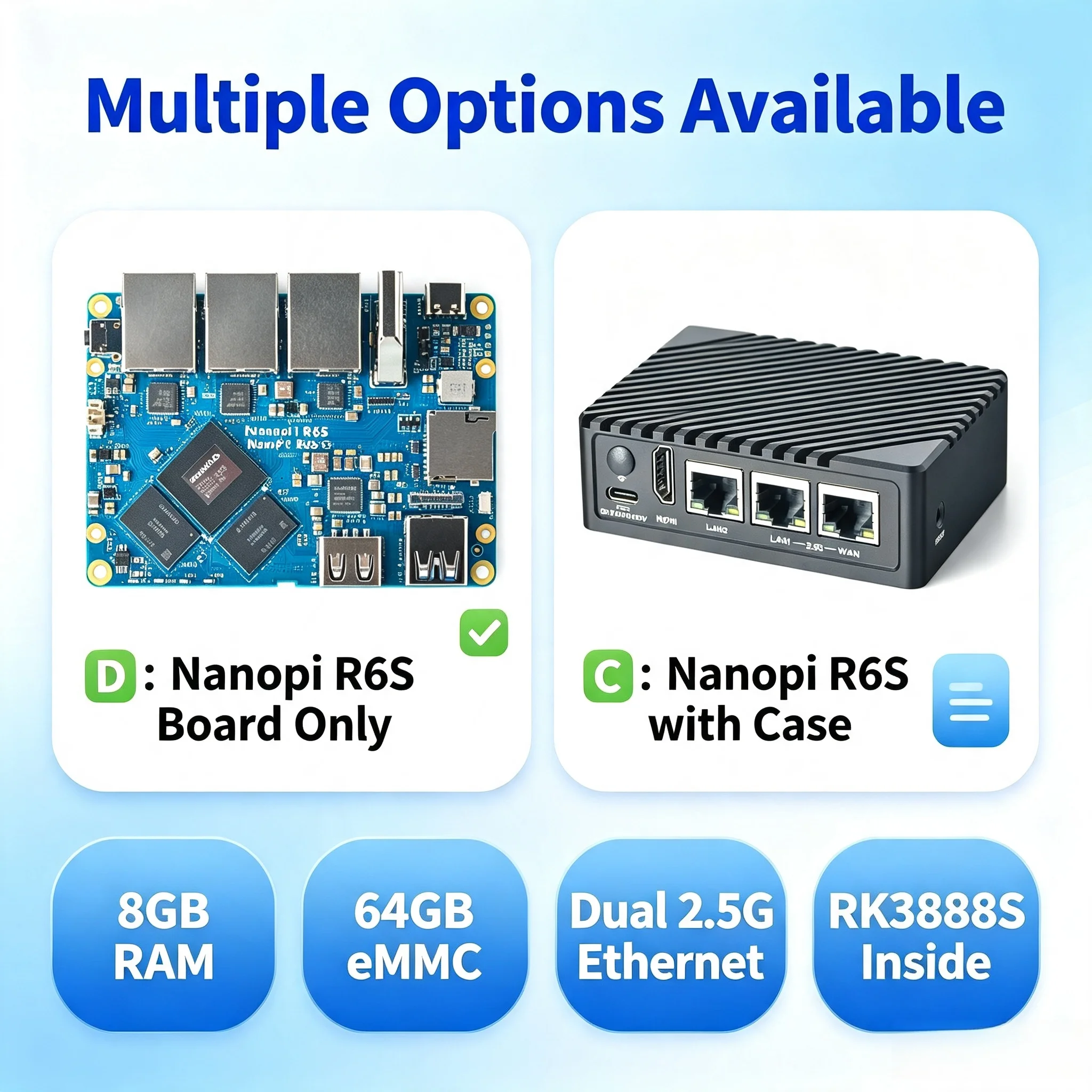 Плата разработки Nanopi R6S RK3588S, 8 ГБ ОЗУ, 64 ГБ eMMC, два порта 2.5G Ethernet, поддержка периферийных вычислений, встраиваемый NAS, поддержка fnOS (art.: 3920dcb09d545) - 3920dcb09d545