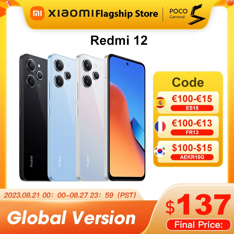 Телефон Xiaomi Redmi 12, MTK Helio G88, 18 Вт, зарядка аккумулятора 5000 мАч, дисплей 90 Гц, ии Тройная камера 50 МП, IP53