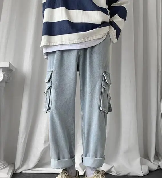 Men Jeans Straight Oversize Size Hole Ripped Street-Wear Large Pocket Elastic Waist Denim Trousers Loose Fashion Harajuku Jeans