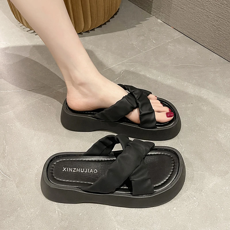 

On A Wedge Flat Shoes Female Slippers Soft Slipers Women Slides Fashion Platform Med Comfort 2022 Luxury Summer Rubber Casual Cr