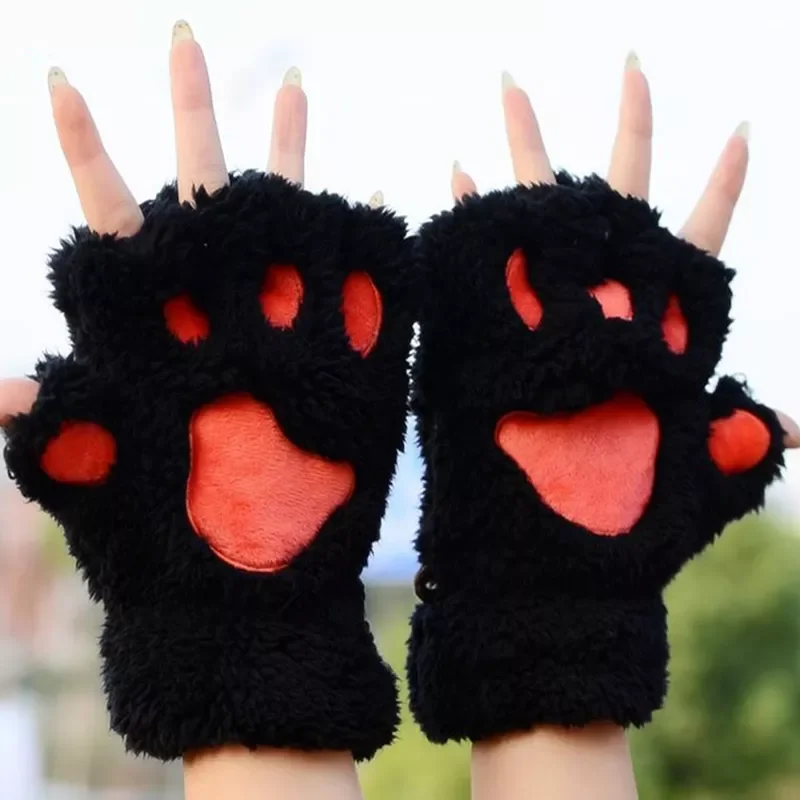 

Warm Plush Fingerless Panda Gloves Flip Half Finger Mittens Women Winter Cute Cat Paw Fluffy Glove Girls Christmas Gifts
