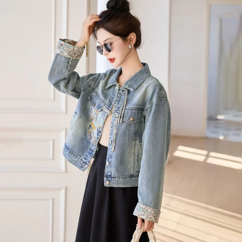 Новая джинсовая куртка с китайской вышивкой женская верхняя одежда весна 2024
