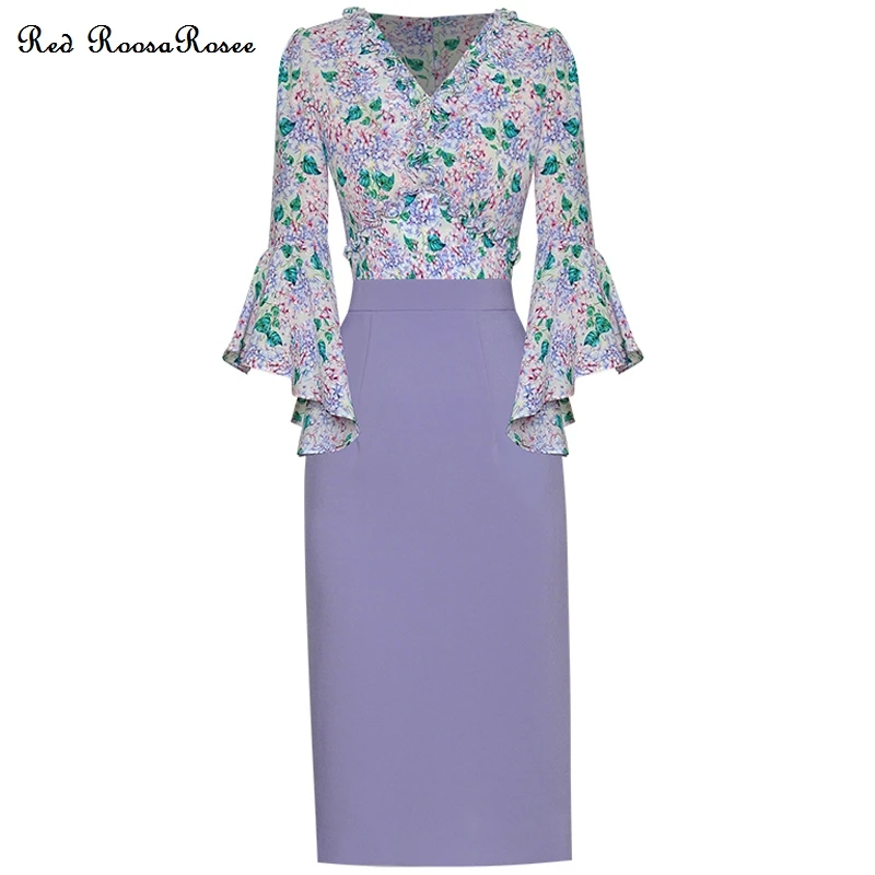 

Red RoosaRosee V-neck Collar Floral Print Irregular Flare Sleeve Mini Pencil Dress Wemen Designer Summer Vestidos Robe Femme