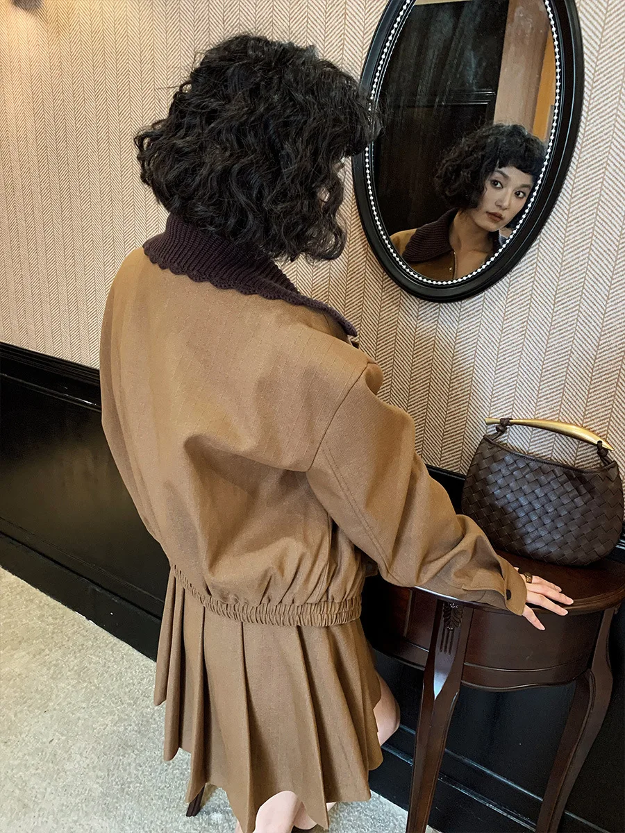 Neihe Wool Collar Stripe Waist Hugging Zip-up Jacket Baseball Uniform Long sleeve Top Outerwear Women Autumn