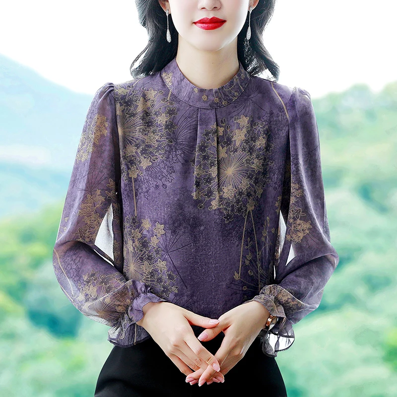 Женская шифоновая блузка с длинным рукавом и воротником-стойкой