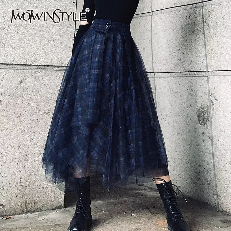 

TWOTWINSTYLE Plaid Patchwork Mesh Women's Skirts High Waist Hit Color Elegant A Line Skirts Female 2020 Spring Fashion New