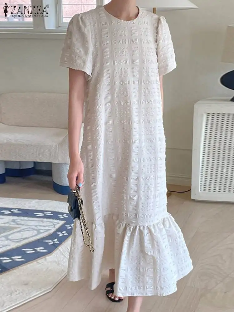 

Платье ZANZEA женское из ткани с модной текстурой, праздничный винтажный Однотонный сарафан средней длины с круглым вырезом и коротким рукавом, 2023