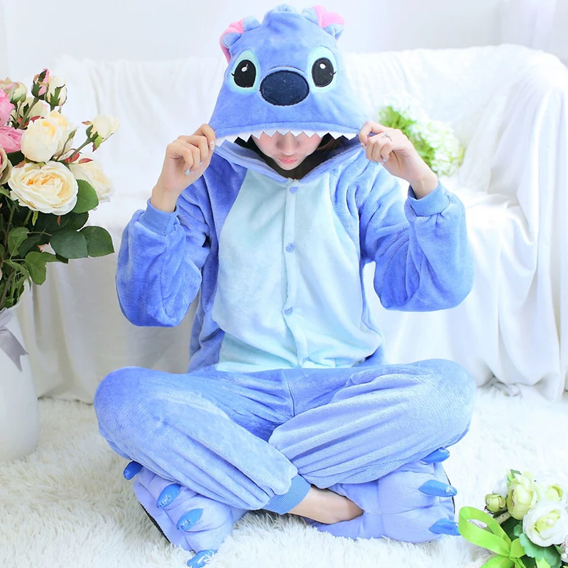 Unisex Winter One-Piece Cartoon Pink Blue Stitch Pajamas Polyester Warm Tight Sleeve Length To The Floor Cute Sleepwear Cosplay
