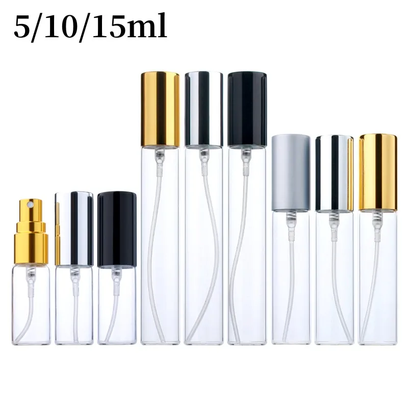 

5ml 10ml 15ml Portable Glass Spray Bottle Refillable Perfume Atomizer Silver Gold Empty Aluminum Pump Cosmetic Sample Bottle