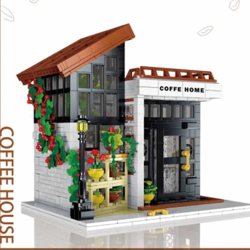 Фото Конструктор MOC Creative City Streetview: Кофейня на улице, солнечный свет, LED-подсветка, архитектурная модель, строительные блоки, DIY-декор, игрушка для детей №2