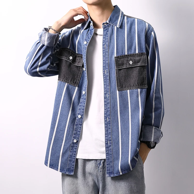 

2022 Spring Men's Denim Shirts Pocket Long Sleeve Shirt Loose Fashion Men Blouses Casual Solid Blue Shirt