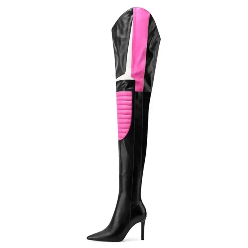 2025 женские сапоги пикантные лоскутные выше колена на высоком каблуке большие