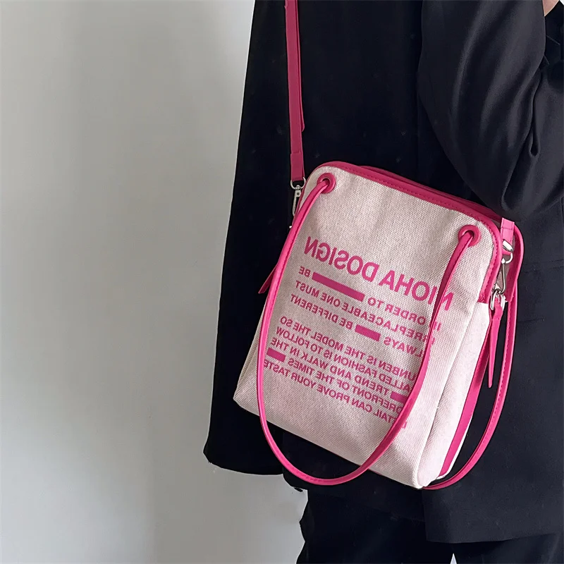 

Женская холщовая сумка-мессенджер в стиле ретро, милая сумочка на плечо с надписью для девушек, простая повседневная сумка-тоут для книг, розового цвета