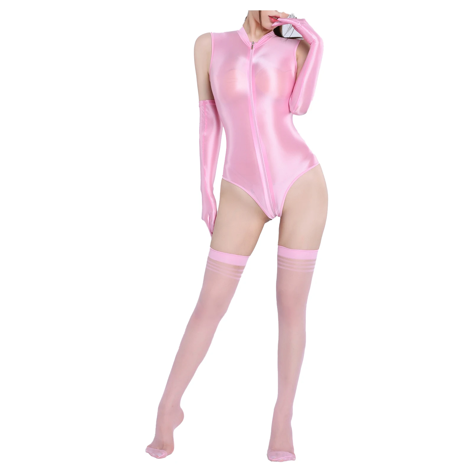 

Womens Lingerie Bodystocking with Stockings Erotic Sexy Nightwear Stretchy Sleeveless Glossy Solid Color Zipper Bodysuit