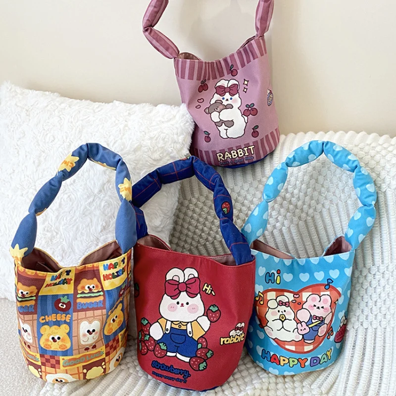 

Cute Cartoon Print Women's Bucket Shoulder Bag Canvas Girls Student Small Tote Lunch Bento Handbags Female Purse Shopper Bags