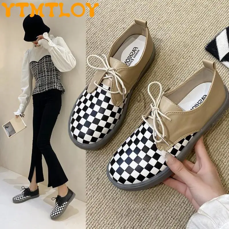 

2022 New Color-blocking Flat Shoes Women's Loafers Korean Version All-match Retro Casual Sneakers Shallow Mouth Leather Shoes