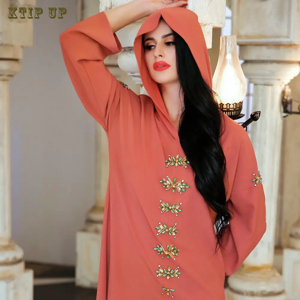 

Ramadan Islamic Sunset Red Handmade Drill Hooded Robe Muslim Fashion Middle East Dubai Southeast Asia Women's Gown Jilbab Abaya