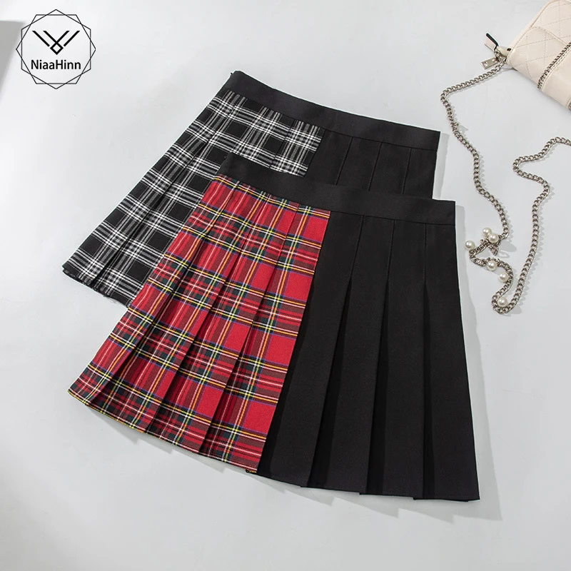 

Sexy Women's Plaid Pleated Skirt Women's Solid Color High Waist Thin Stitching Short Skirt Fashion Casual Gothic A-line Skirt
