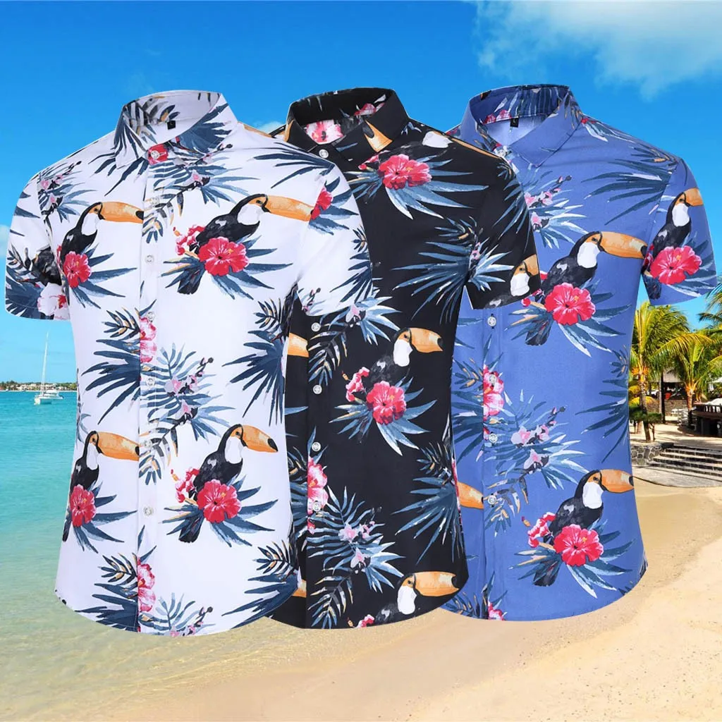 

Fashion Men Slim Loose Hawaii Short Sleeve Printed Turn-down Turn Down Collar 3D Print Camisa European American Style Elegant