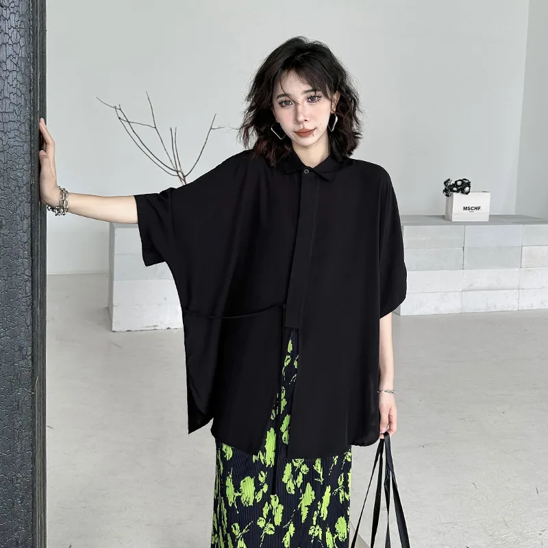 

Dark Style Bat Short Sleeve Black Shirt 2023 Summer Women Korean Streetwear Hip Hop Gothic Loose Casual Tops Blouse Female 9955
