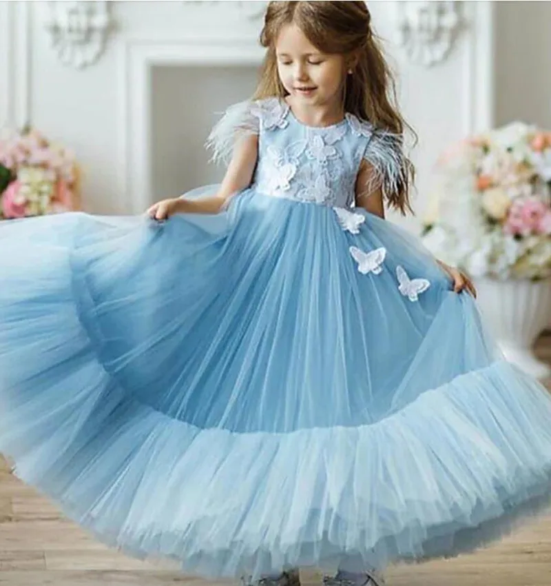 For Wedding Tulle Appliques Beading Kids Birthday Party Dress Backless 1st Communion Gowns