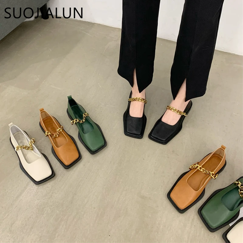 

SUOJIALUN 2022 Autumn Flat Heel Women Loafer Shoes Fahion Square Toe Slip On Shallow Ballerina Shoes Female Ballet Zapatos Muje