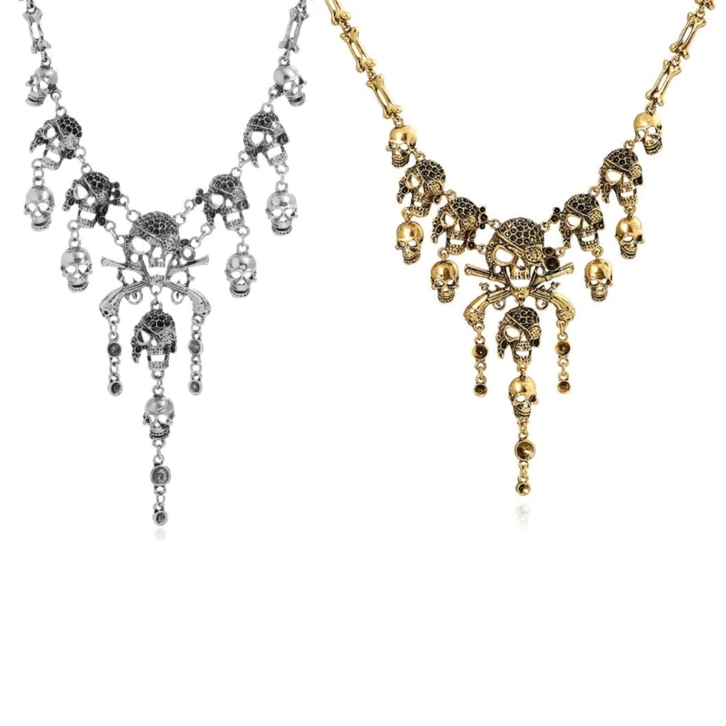 

Многоуровневое ожерелье-нагрудник с черепом, ожерелье под античное золото, ожерелье со скелетом, украшения на Хэллоуин, ожерелье с ужасами, панк-кисточкой T8DE