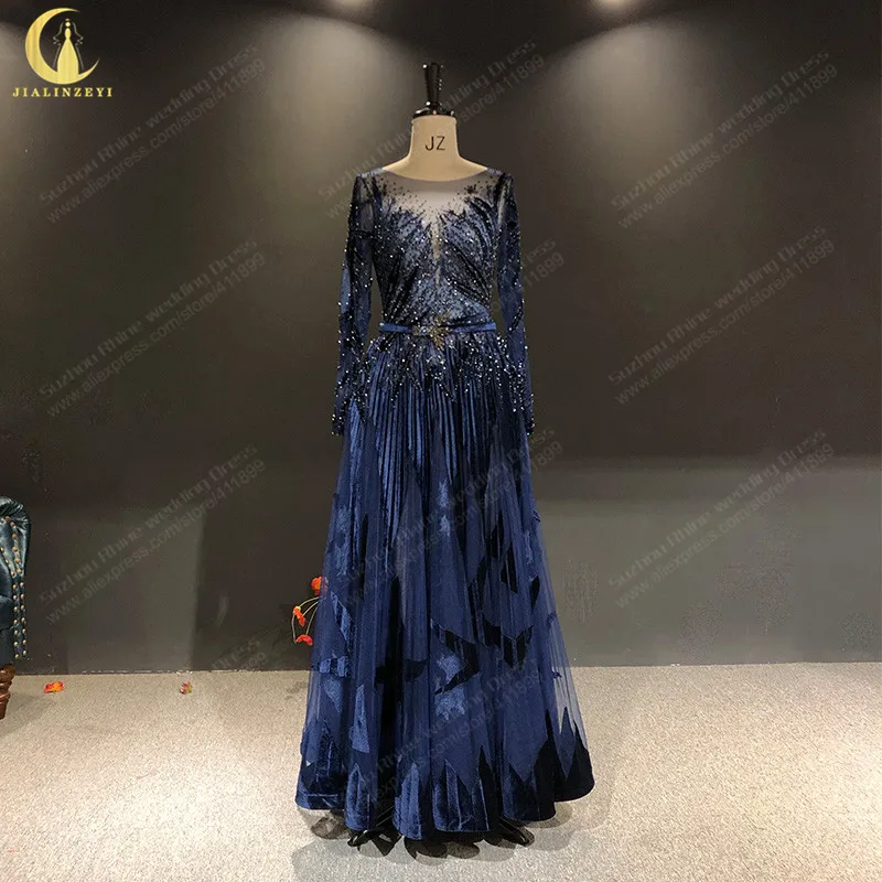 

2482 Ziad Nakad Luxurious Navy Blue Long Sleeves Velvet Beaded robes de soirée femme vestidos de noche Evening dresses