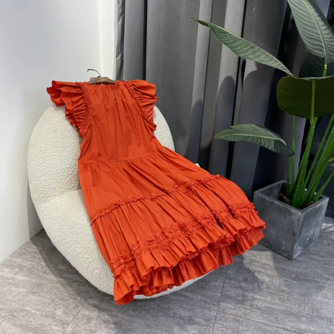 High Quality 2023 Summer New Ruffles Loose Dresses for Women Hot Sale Orange Violet Poplin Cotton Dress