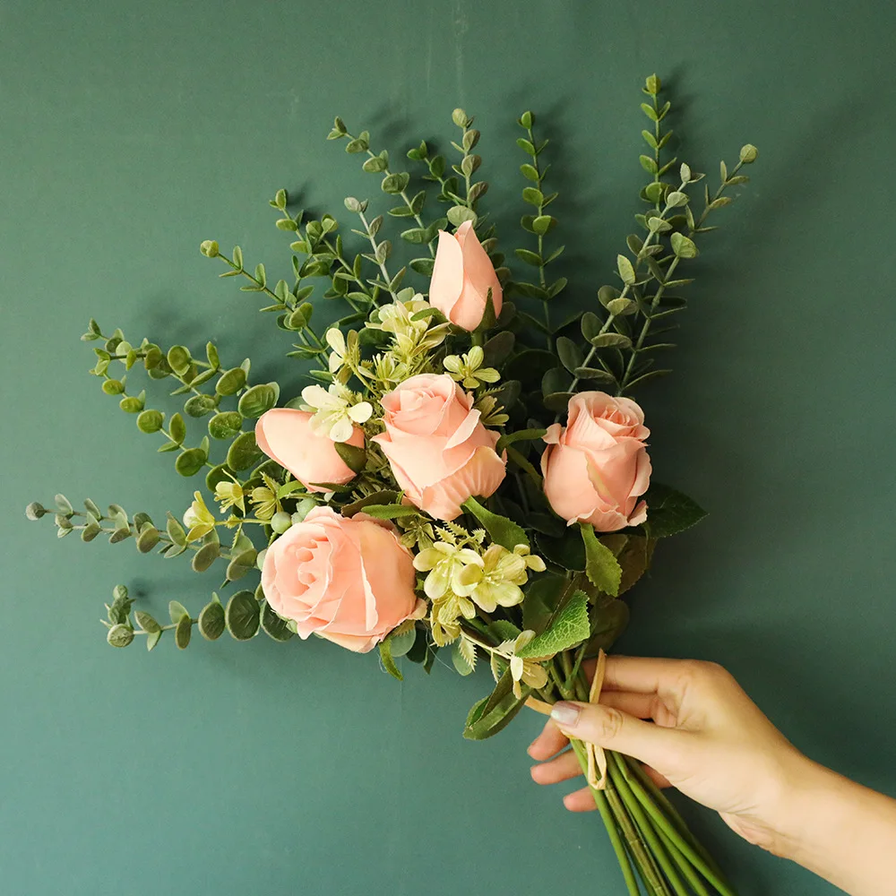 

Искусственные розы, цветок эвкалипта, пучок листьев, Шелковый цветок для свадебного декора, букет невесты, домашние искусственные цветы