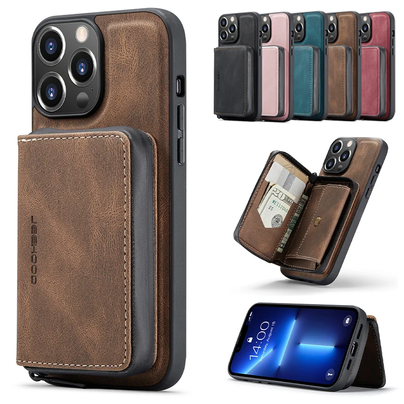 

Classic 2 in 1 Detachable Zipper Wallet Leather Case For iPhone 14 13 12 11 Pro Max XS XR SE 2022 8 7 Plus Shockproof Back Cover