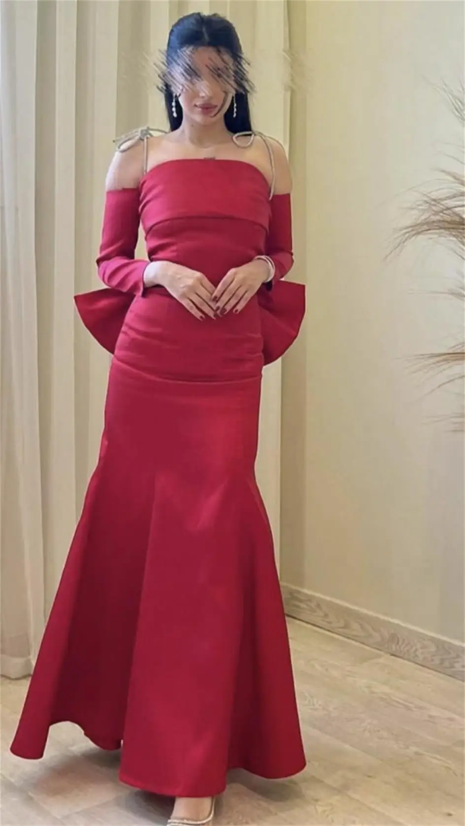 

Elegant Dubai Formal Party Evening Dress Mermaid Long Sleeves Prom Dresses Strapless Floor Length Pleated Satin Bow