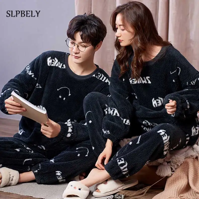 

SLPBELY Winter Flannel Couple Pajamas Set Homesuit Warm Letter Loungewear Men And Women Nightwear Lover Male Female Pyjamas Set