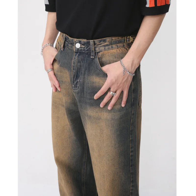 Мужские джинсы с градиентным переходом цвета широкими штанинами