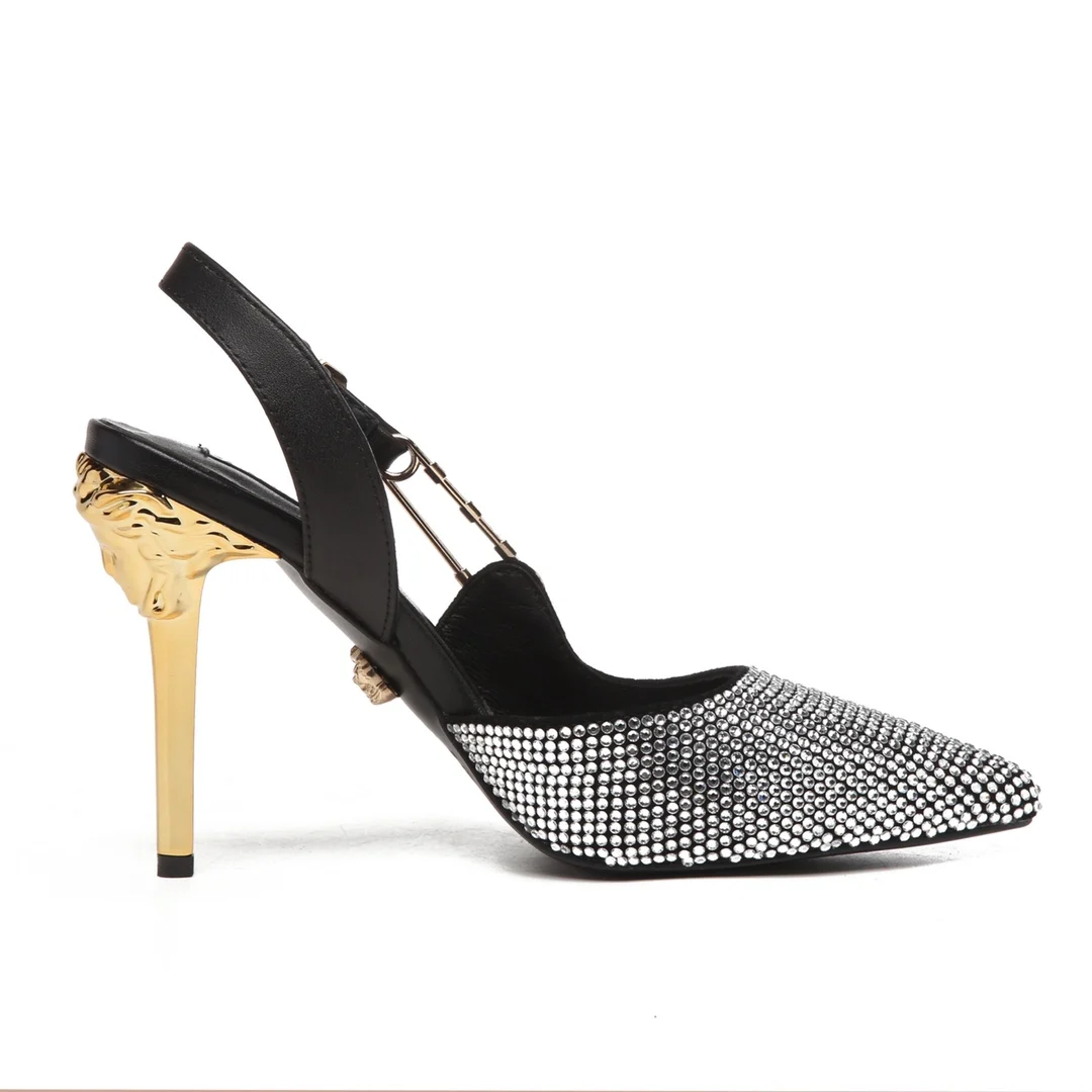

2021 New Women Sandals Rhinestone Diamond Patent Leather Buckle Pointed High Heel Stiletto Sandals Women Shoes Large Size 33-43