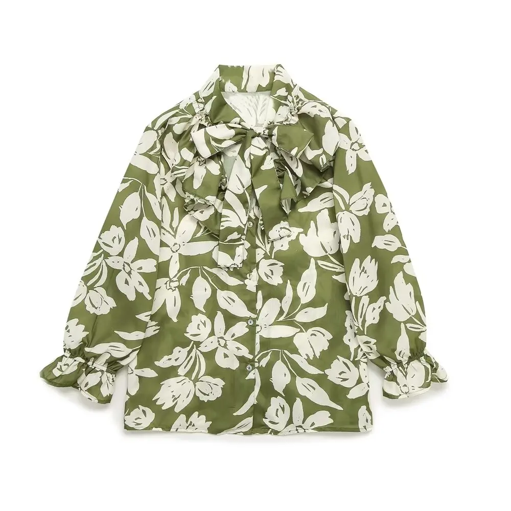 

Women 2023 New Fashion Flower Printing Holiday Style Blouses Vintage Long Sleeve Button-up Female Shirts Chic Tops