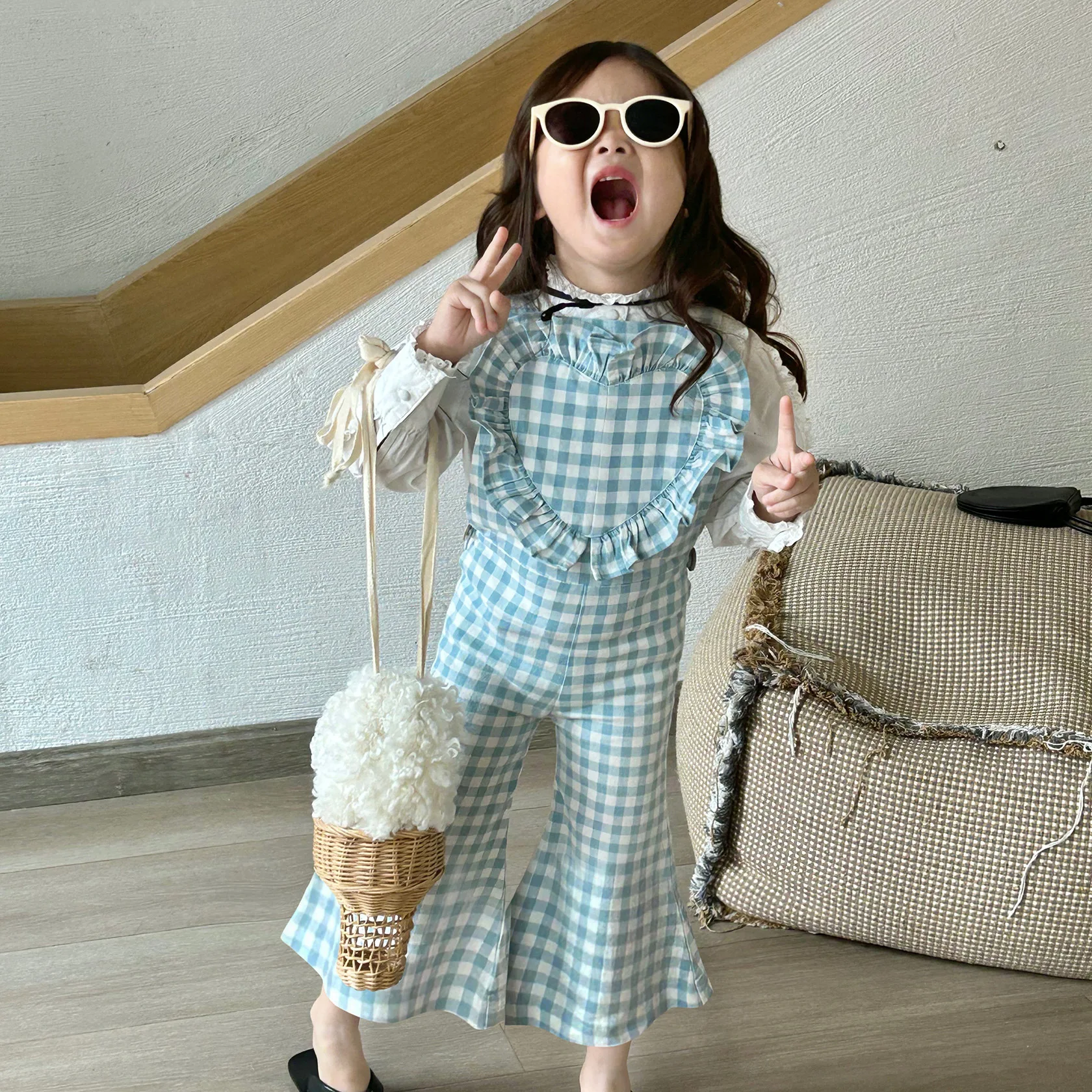 

Plaid Spring Baby Casual Style Korean 2023 Girls Flare Pants Suspenders Children Simple Girls Love Girls New Trousers Clothing