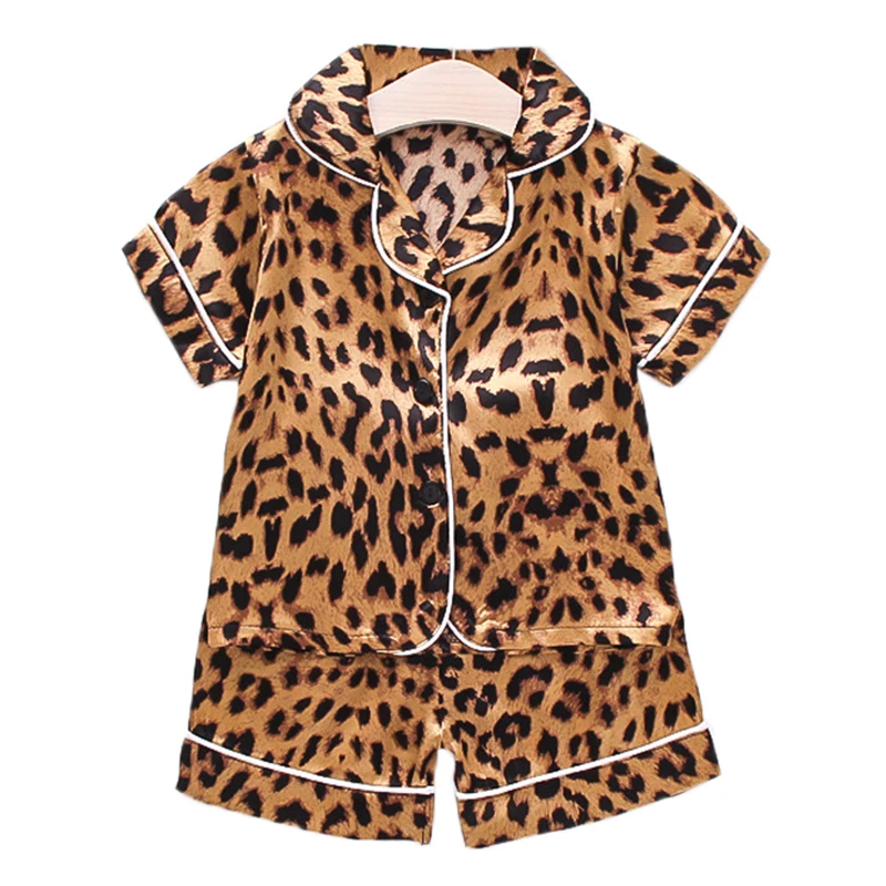 Summer Kids Pajamas Sets Fashion Leopard Silk Satin Boys Girls Home Wear 2Pcs Outfits Short Sleeve Blouse Tops+Shorts Sleepwear