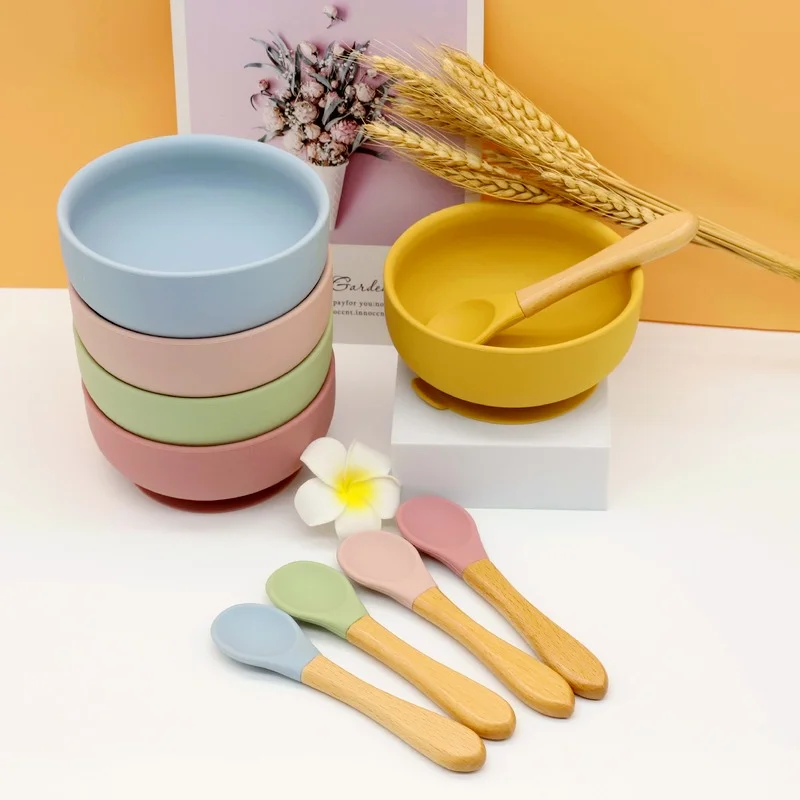 

2 Pcs Direct Supply Baby Food Supplement Bowl Wooden Spoon Tableware Set Baby Food Grade Silicone Strong Sucker Bowl