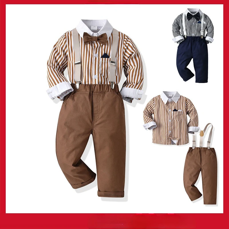 

Детская одежда для джентльмена, костюм на день рождения, свадьбу, наряд для вечеринки, повседневная одежда для маленьких мальчиков, полосатая рубашка со стандартным костюмом