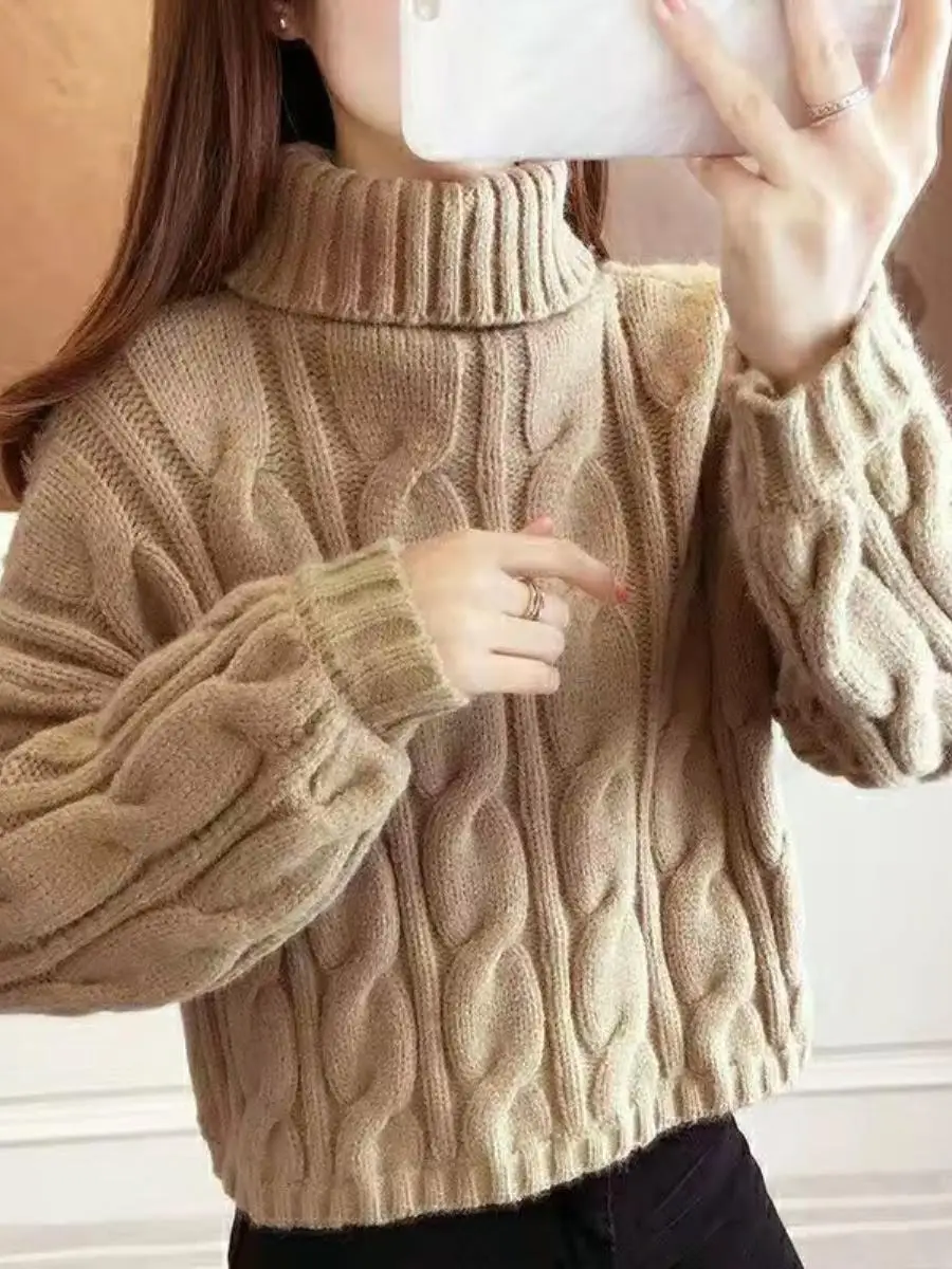 Fleece-lined Thick Autumn and Winter Turtleneck Crop Sweater Women Small Korean Sle Loose High Waist Knitted Twist Temperam...