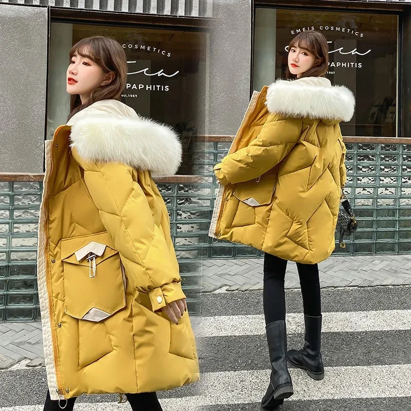 Down Cotton Jacket Women 2022 Winter New Casual Fashion All-match Padded Coat Female Hooded Long Thick Fur Collar Warm Parkas