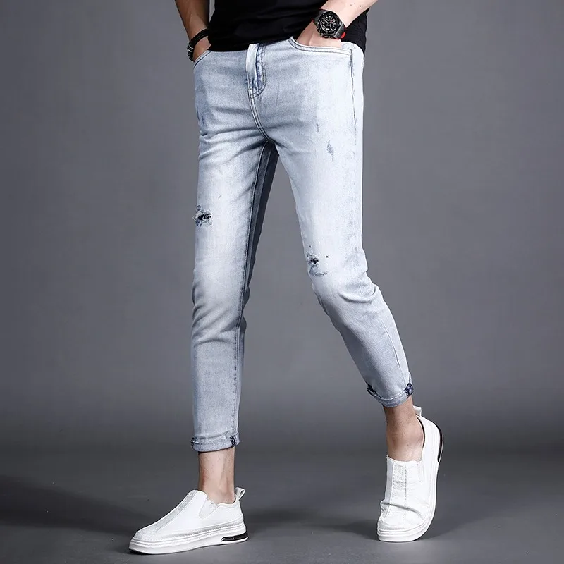 Summer Jeans Men Light Blue Ankle-Length Pants Ripped Patch Jean Streetwear Fashion Lightweight Slim Fit Denim Trousers