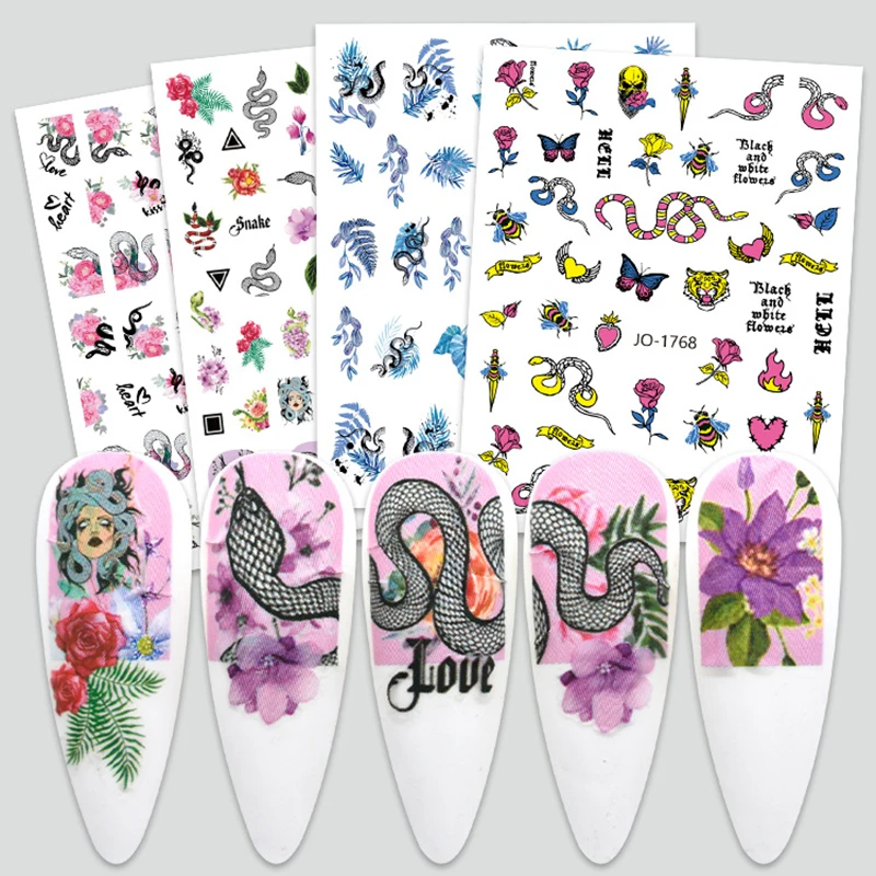 

Colorful 3D Snake Pattern Flower Nail Art Decal Nail Slider Horror Skull Bat Nail Sticker Nail Art Decoration Nail Parts