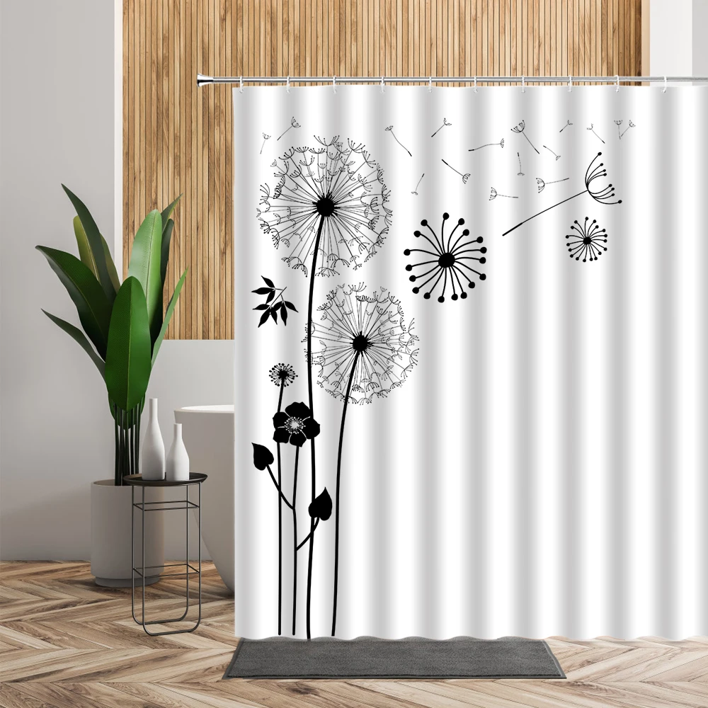 black and white shower curtains plants flowers dandelion print fabric bathroom decoration sets waterproof home bathing curtain free global shipping