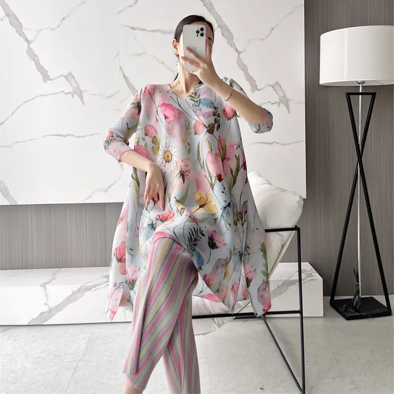 Casual printed slit dress female 2023 summer pleated elegant o neck three quarter sleeve high-end loose and thin A-line skirt