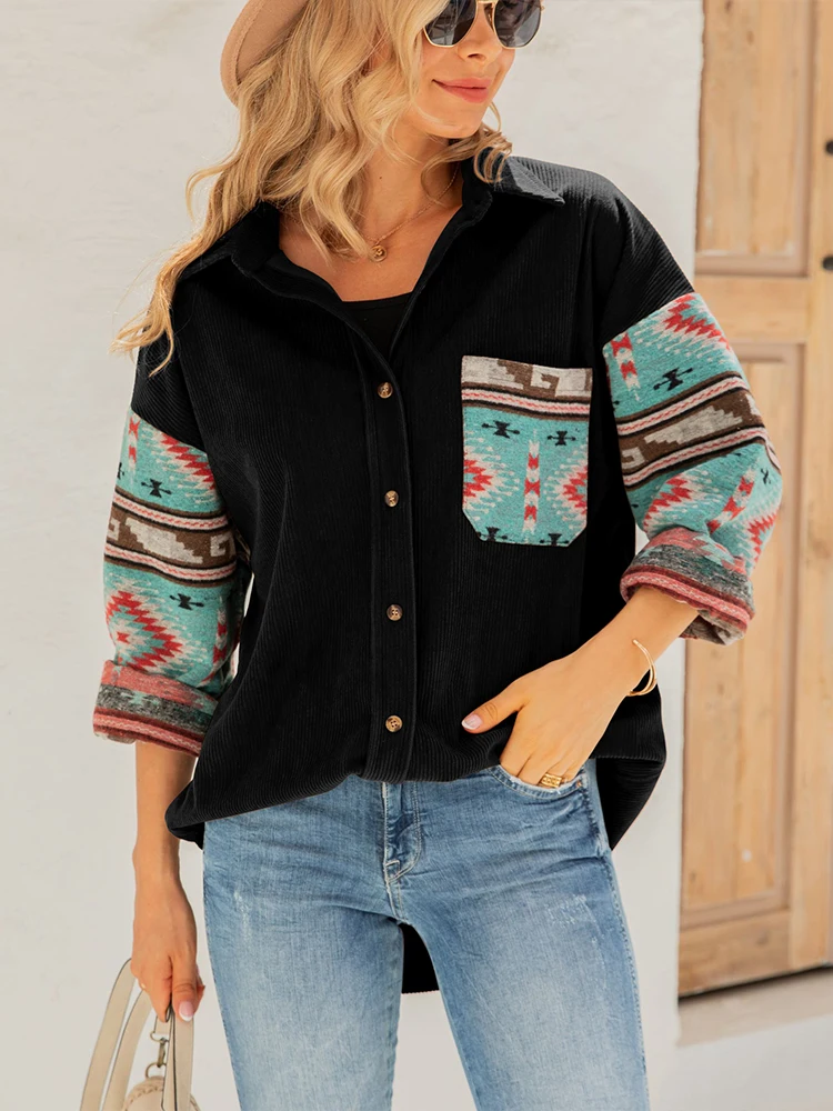 

Aztec Ethnic Style Printed Jacket Coat Women 2023 Autumn Winter New Printed Long Sleeve Shirt Ladies Elegant Causal Loose Jacket