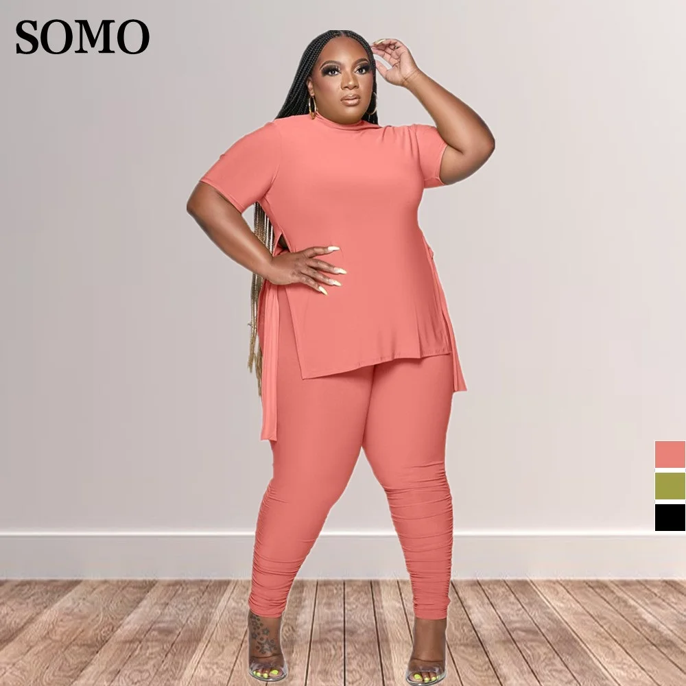 

2022 Summer Plus Size Women Clothing Asymmetrical Hem T Shirt Stacked Pants Two Piece Sets Casual Outfits Wholesale Dropshipping