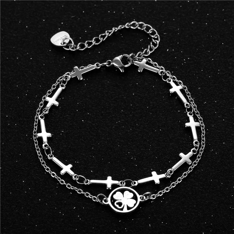 

2022 Korean Simple Lucky Hollow Four-leaf Clover Bracelet for Women Double Chain Stainless Men Steel Bracelets Jewelry Wholesale