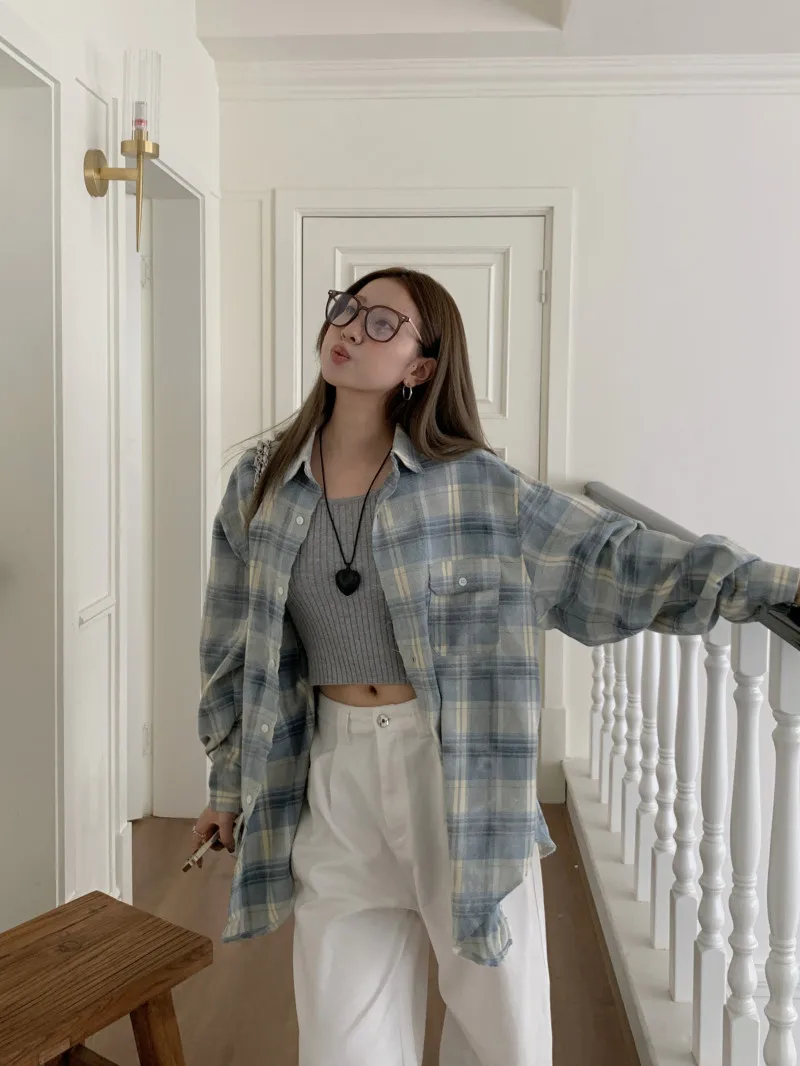 Корейская серия клетчатые рубашки с длинными рукавами женские осенние